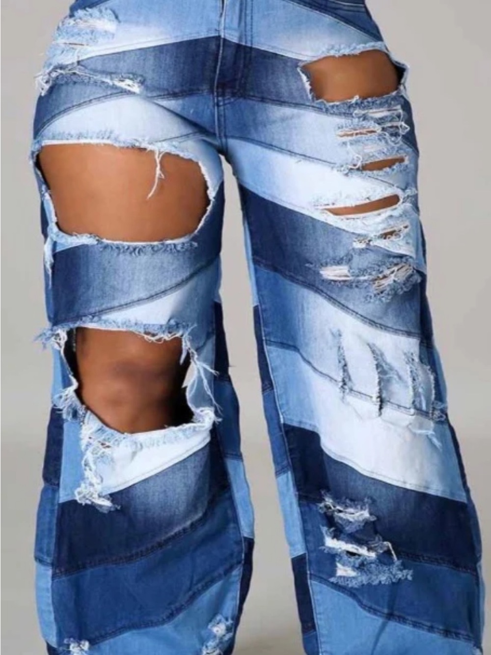 Aphrodite Blue Striped Patchwork Distressed Wide-Leg Jeans